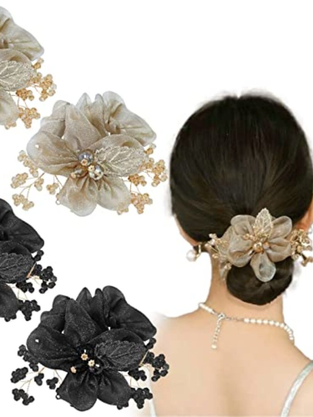 4 Pcs Flower Leaf Elastic Hair Ties Crystal Ponytail Holders